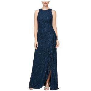 Alex Evenings Sleeveless Lace Dress Cascade Ruffle Slit Dress Womens 12 Navy New